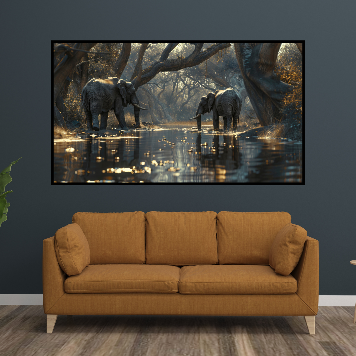 River Elephants at Sunset - African Wildlife Canvas Painting - Image 2