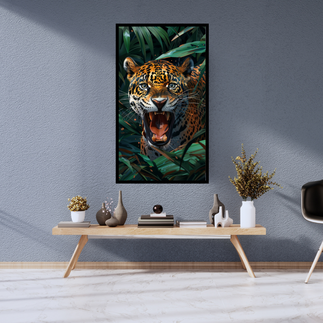 Echo of the Wild - Roaring Jaguar in Lush Jungle Canvas Painting