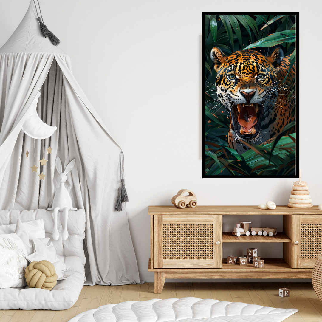 Echo of the Wild - Roaring Jaguar in Lush Jungle Canvas Painting - Image 2